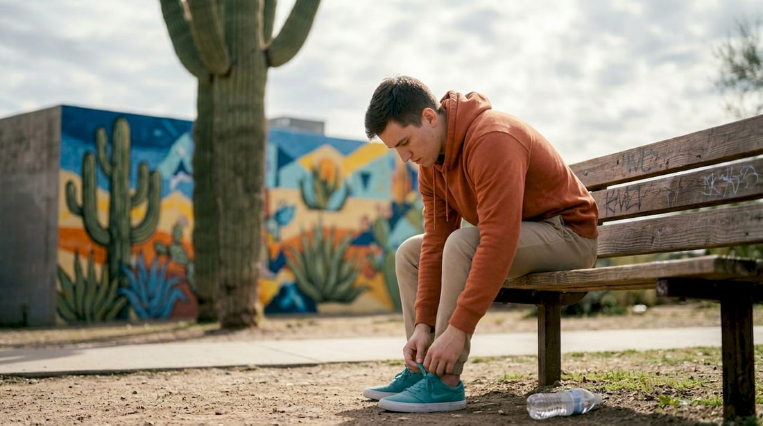Young man tying turquoise sneakers outdoors