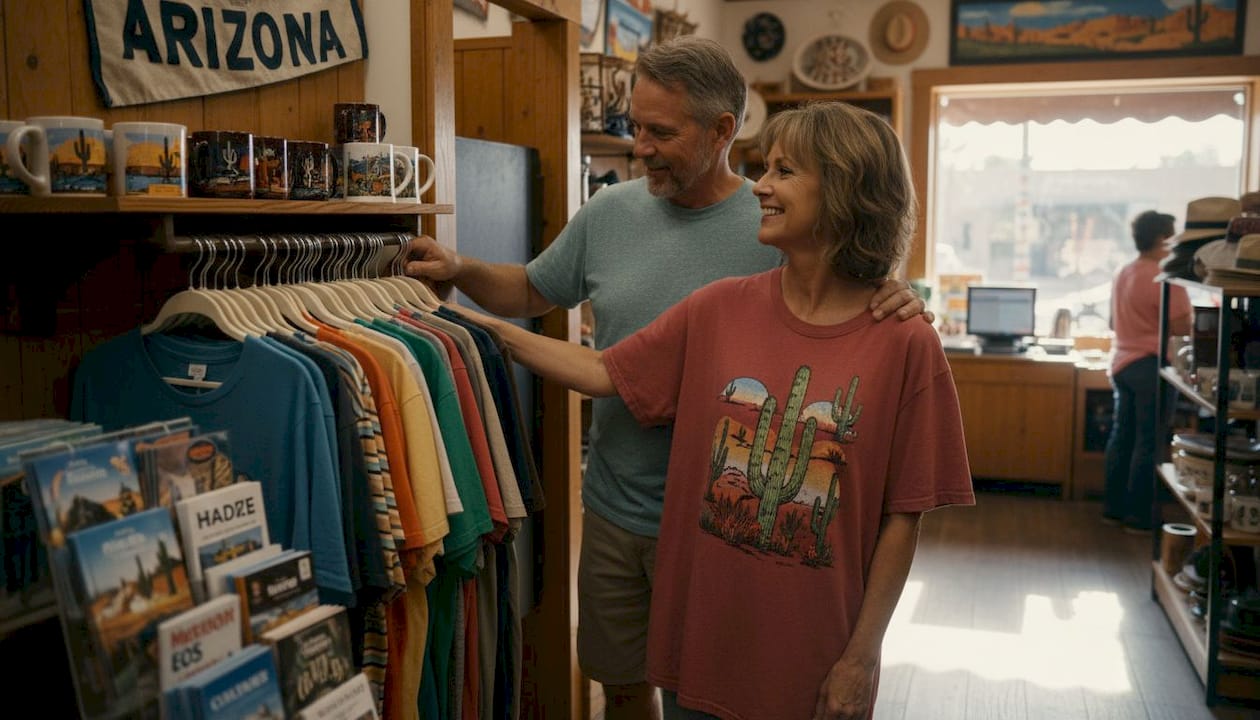 Tourists browsing Arizona souvenir shirts in store