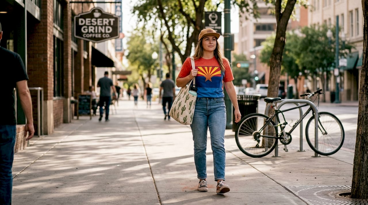 Woman wearing Arizona pride graphic tee outdoors