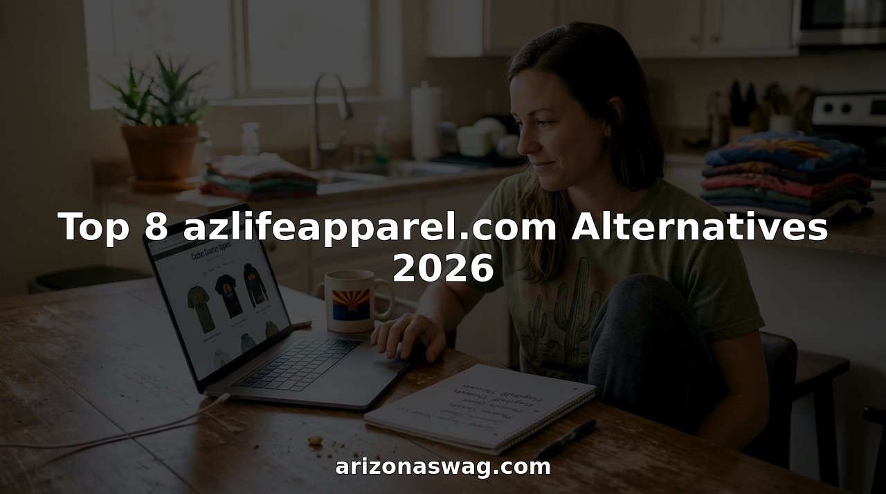 Woman browsing Arizona apparel sites at kitchen table