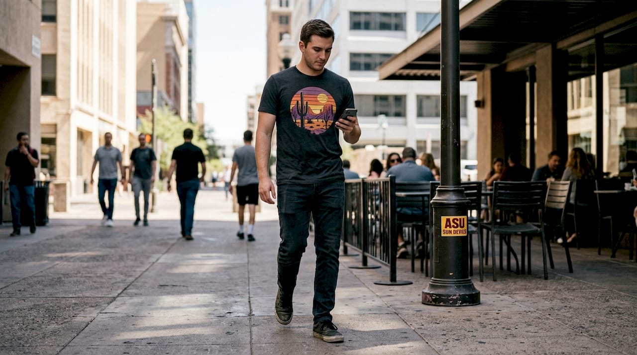 Man wearing Arizona graphic tee walking downtown