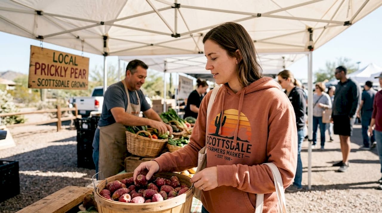 Woman in Arizona-branded hoodie at farmers market