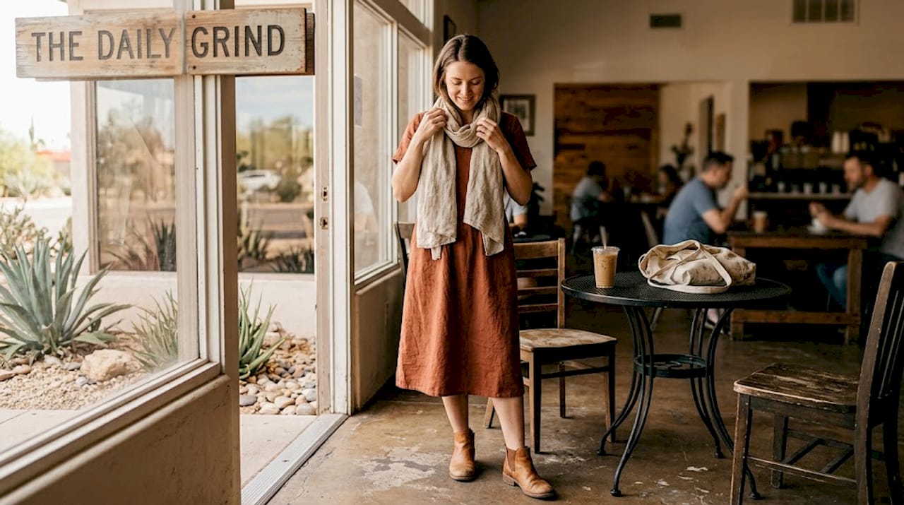 Woman in Arizona desert-style clothing by café