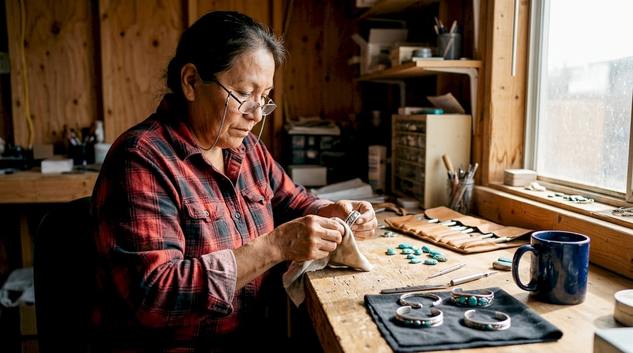 Artisan polishes silver jewelry in sunlit Arizona studio