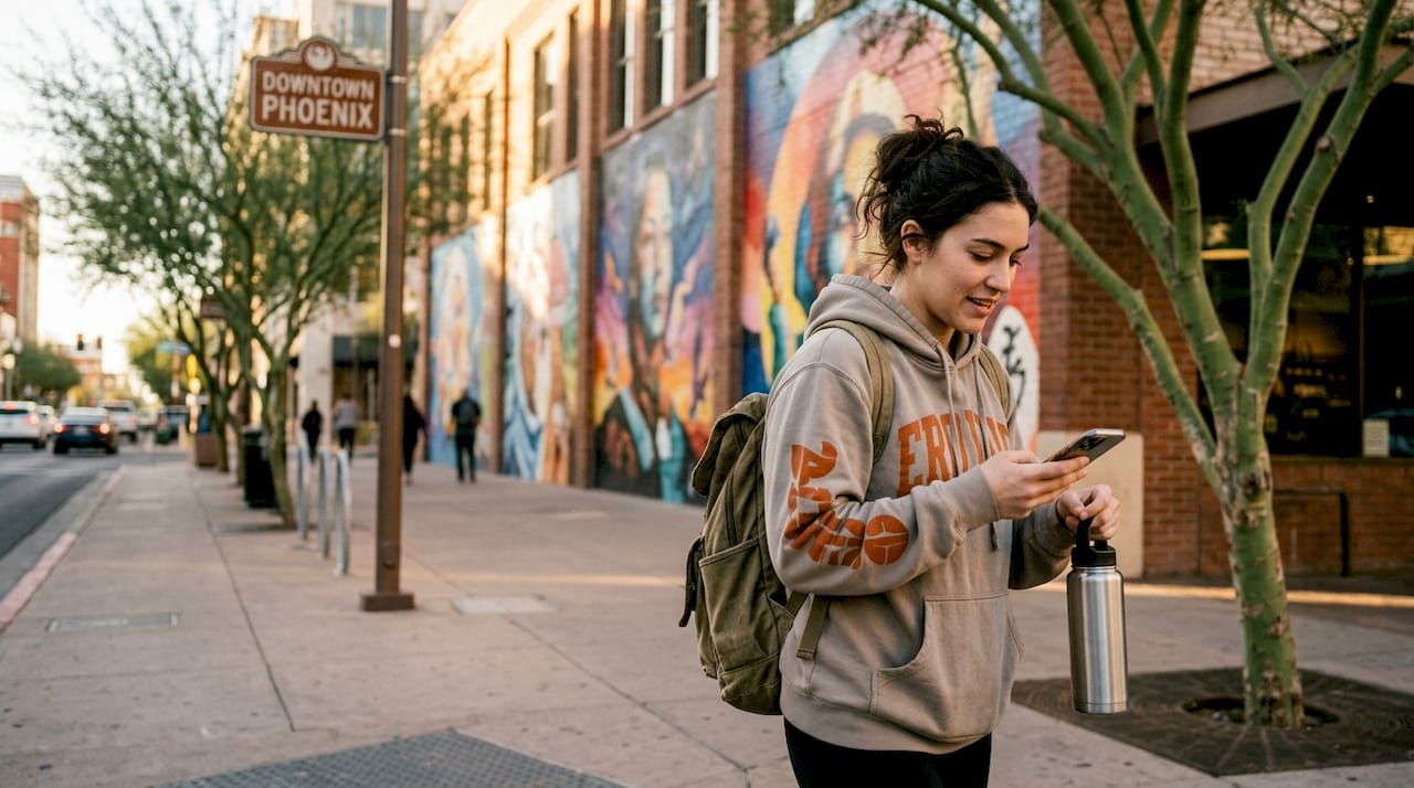 Woman in bold Arizona statement hoodie walking downtown