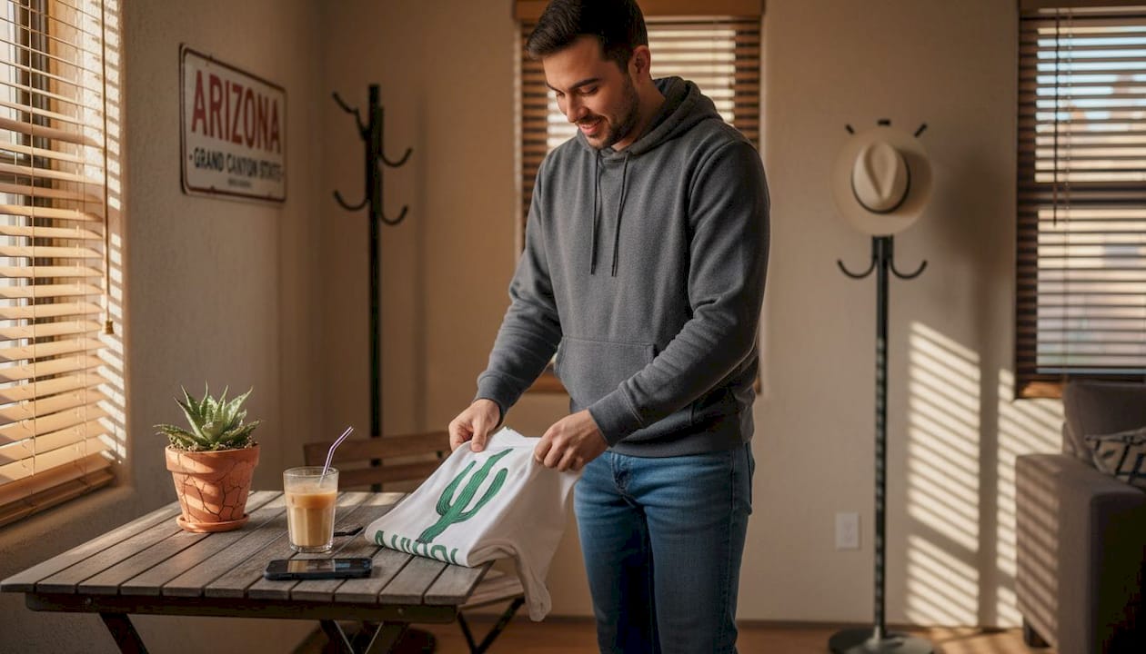 Man folding cactus-print graphic tee in living room