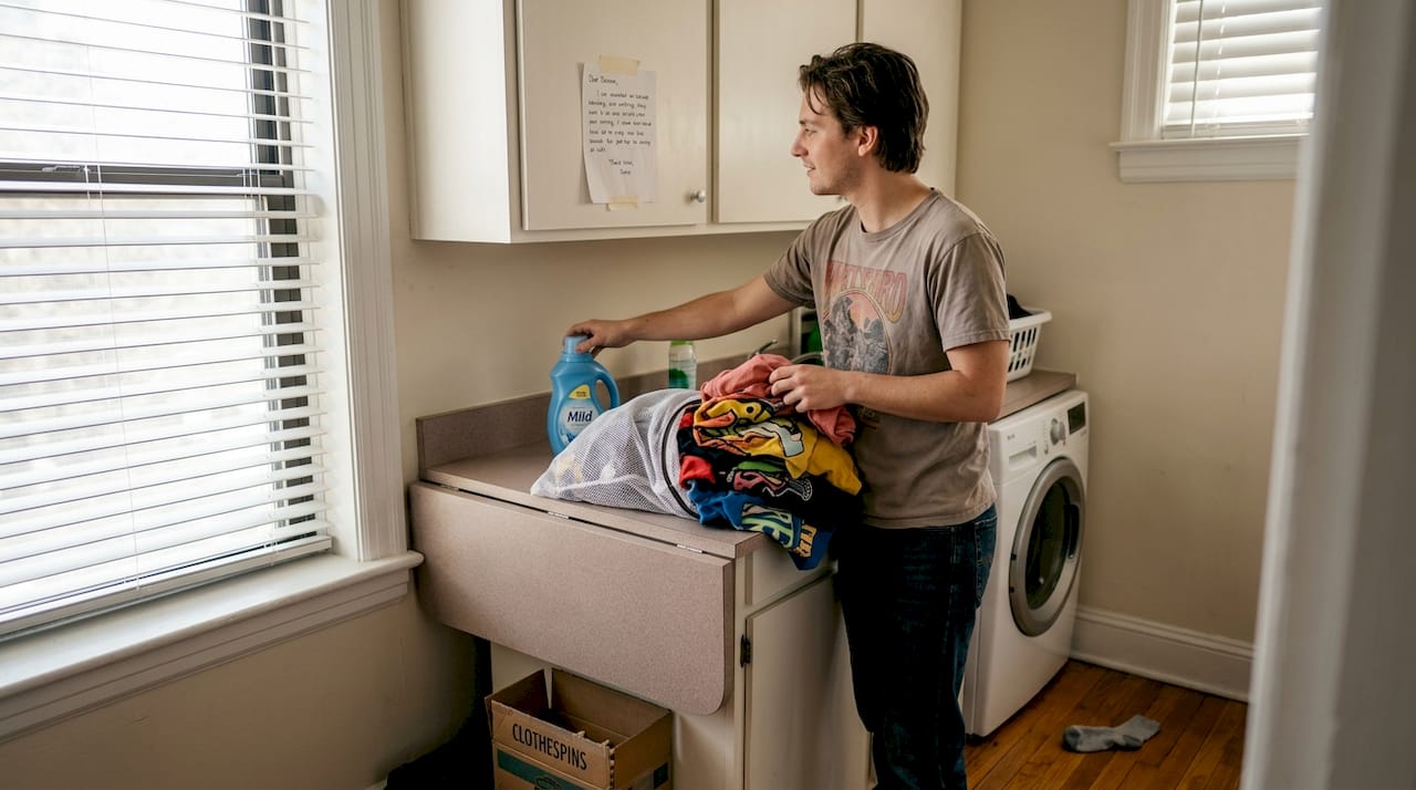 Person preparing graphic tees for washing at home