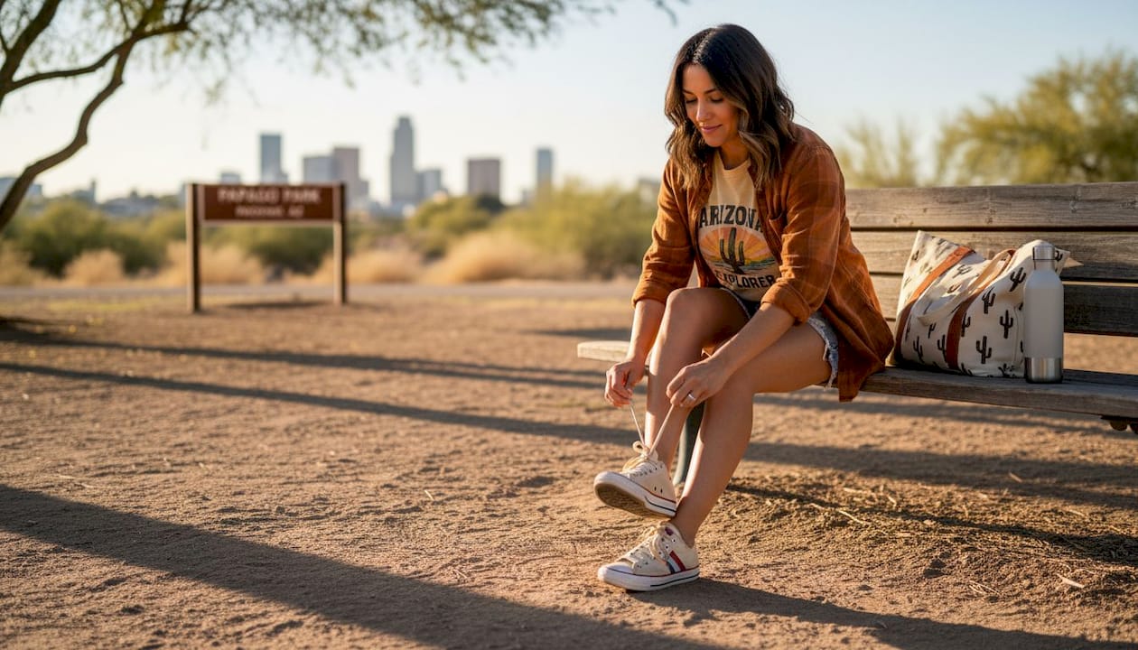 Woman tying shoes in Arizona-themed apparel