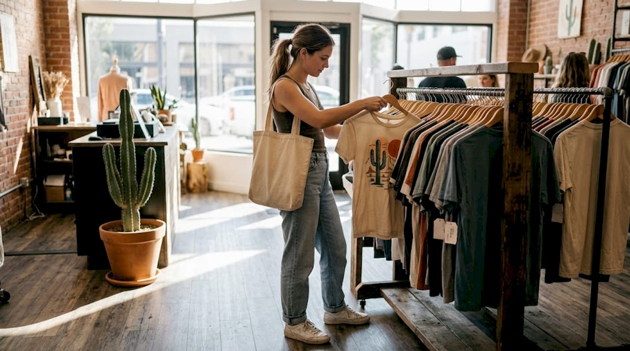 Woman shopping Arizona graphic tees in boutique