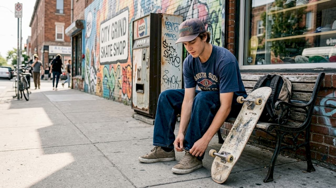 Skater tying shoes near streetwear shop