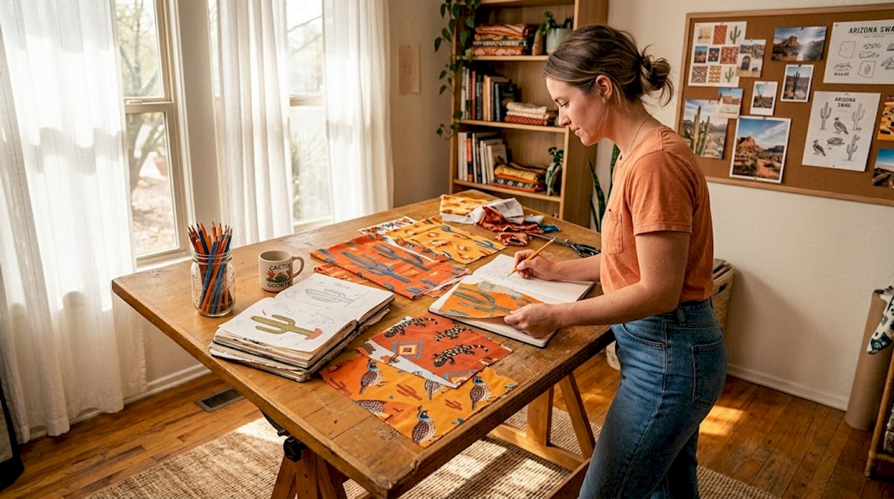Designer reviewing Arizona desert print fabrics