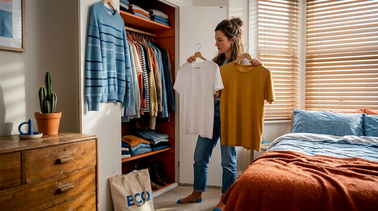 Woman choosing sustainable clothing from closet