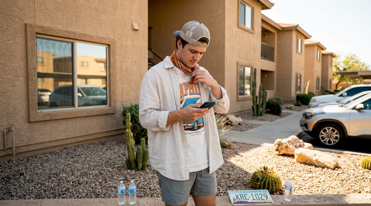 Arizona streetwear layers outside apartment