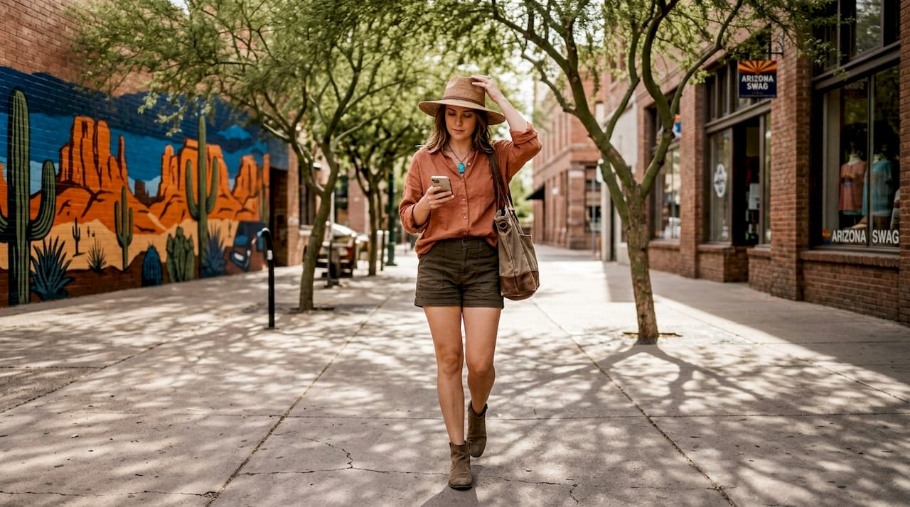 Woman in Arizona streetwear on Phoenix sidewalk