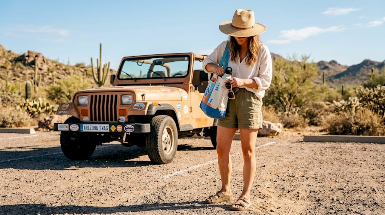 Woman adjusting hat beside Jeep in Arizona