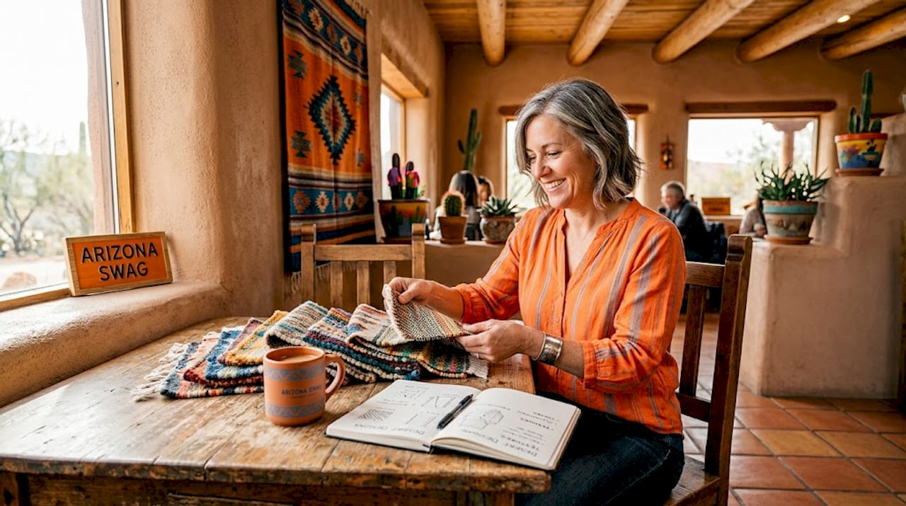 Woman reviewing textiles in adobe home