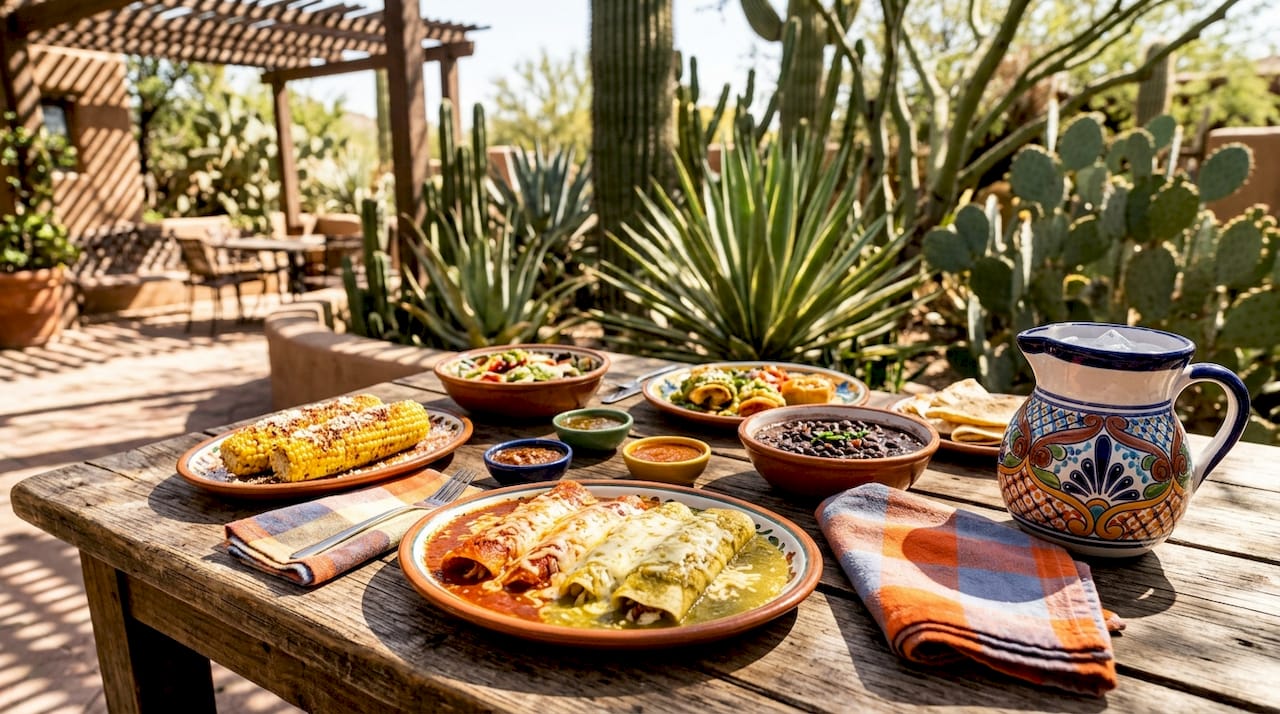 Colorful spread of southwest dishes on table