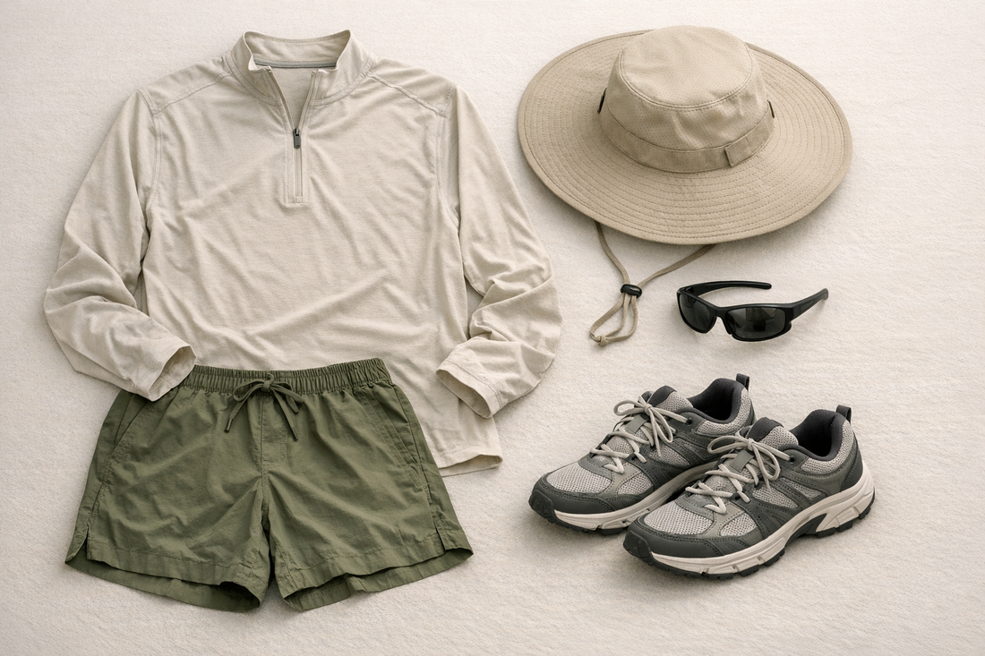 Flat lay of lightweight shirt, loose shorts, wide-brim hat, sunglasses, and walking shoes for Arizona summer