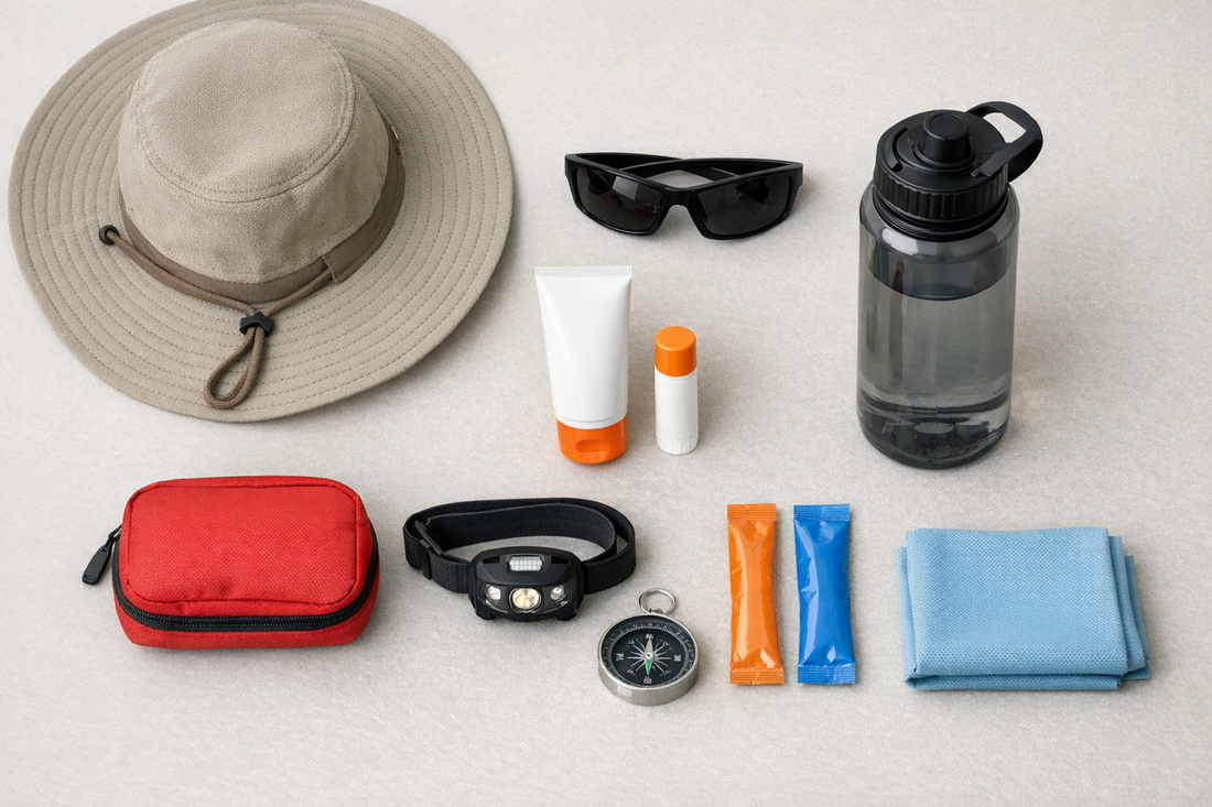 Flat lay of desert hiking accessories including hat, sunglasses, sunscreen, water bottle, electrolytes, first aid kit, headlamp, and compass.