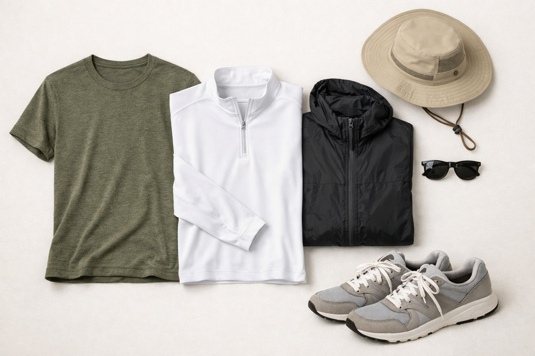 Flat lay of breathable tops, a packable light jacket, hat, sunglasses, and sneakers on a neutral background