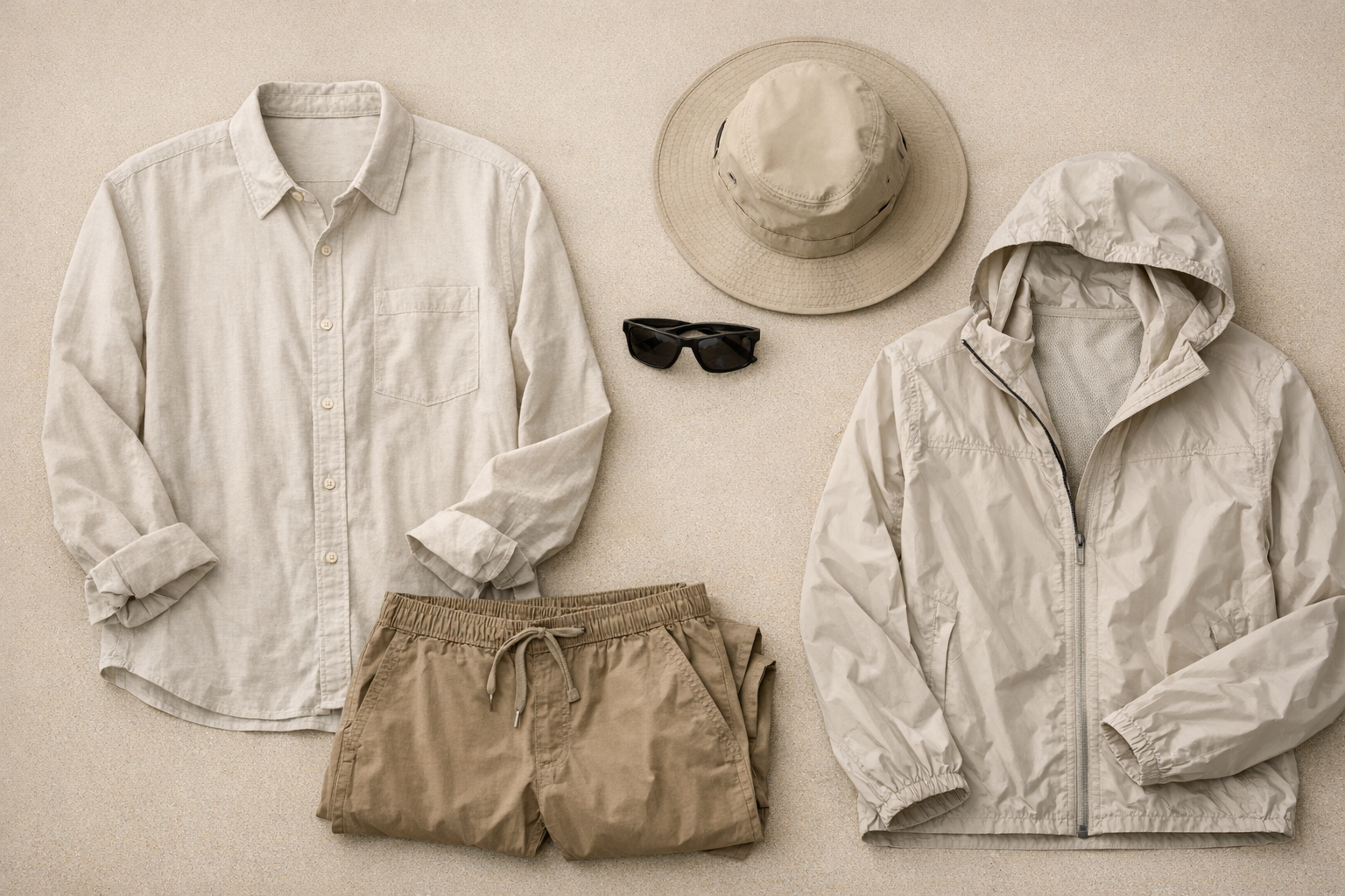 Flat lay of a desert outfit with long-sleeve shirt, relaxed pants, brimmed hat, sunglasses, and a light wind layer on a neutral surface.
