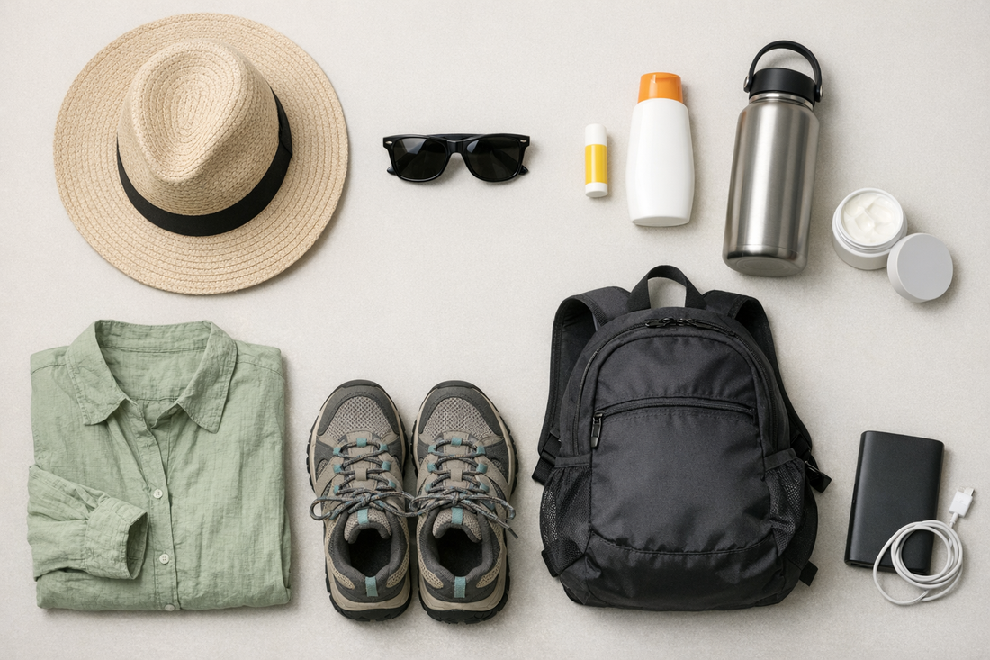 Flat lay of Arizona travel essentials including hat, sunglasses, sunscreen, water bottle, daypack, and hiking shoes.