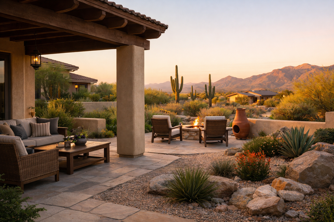 Shaded patio and desert landscaping in an Arizona neighborhood at golden hour