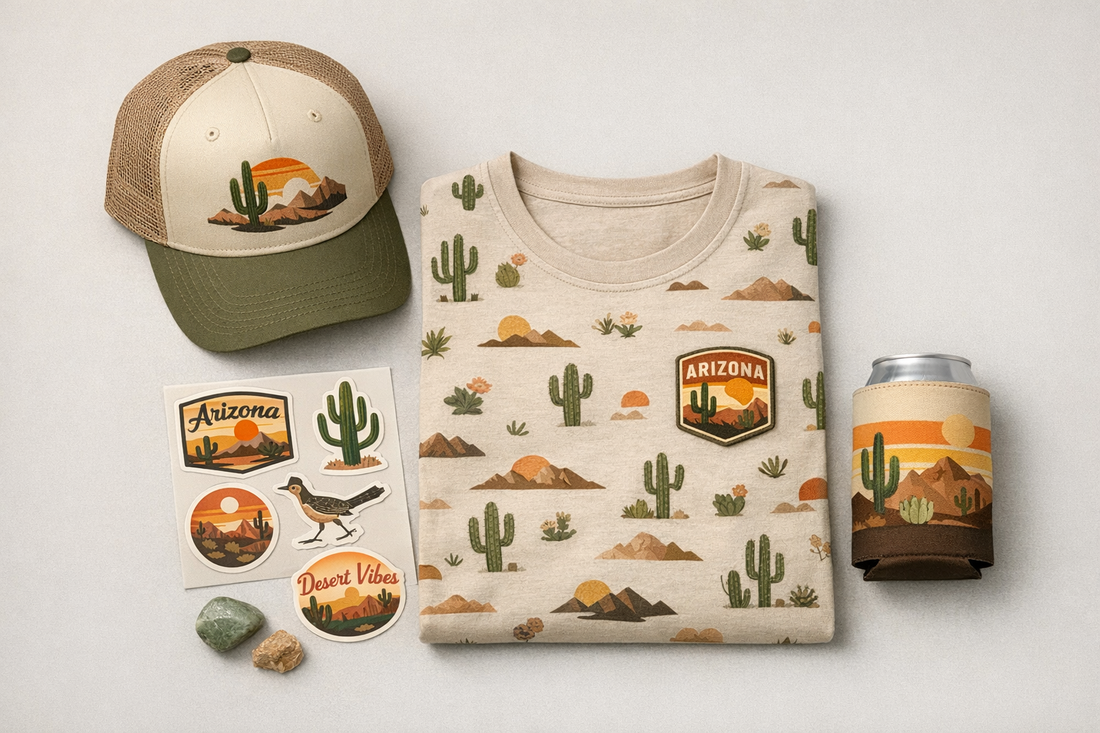 Flat lay of Arizona-themed apparel and accessories on a neutral background