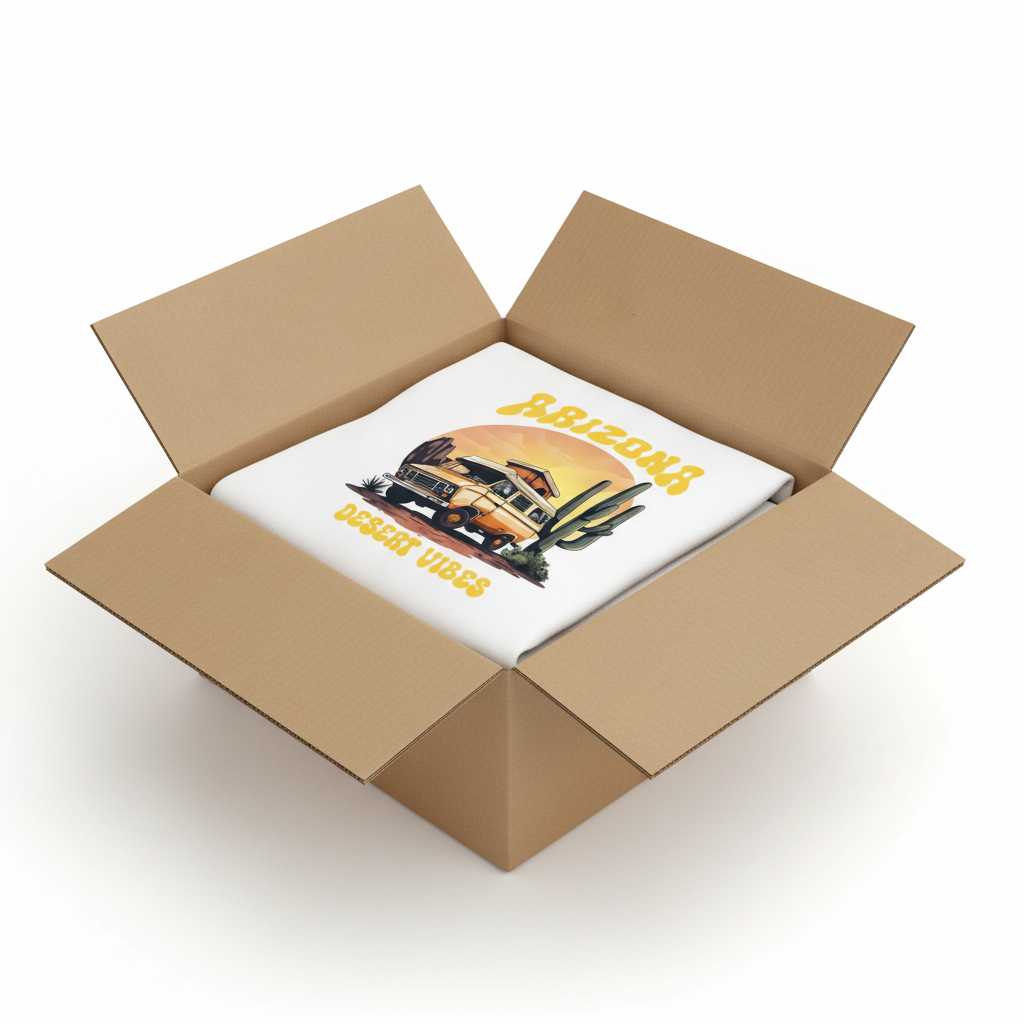 White t-shirt in shipping box with collar visible