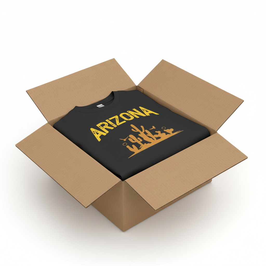 Black t-shirt in shipping box with collar visible