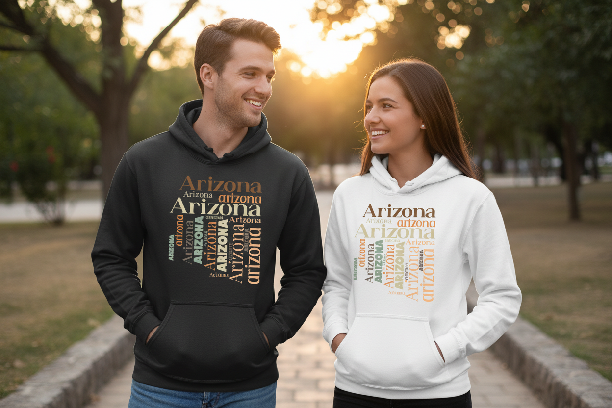 Male and female models wearing black and white hoodies side by side