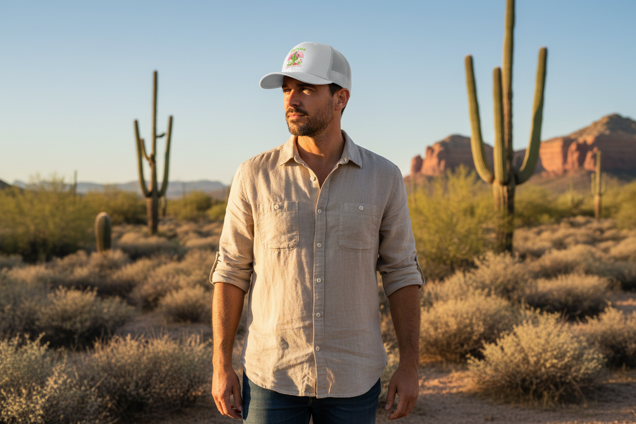 Man wearing white Richardson 112 trucker snapback hat - Arizona desert lifestyle