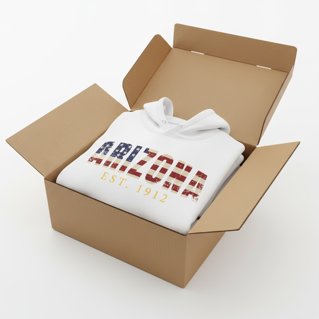 White hoodie in shipping box with collar and hood visible