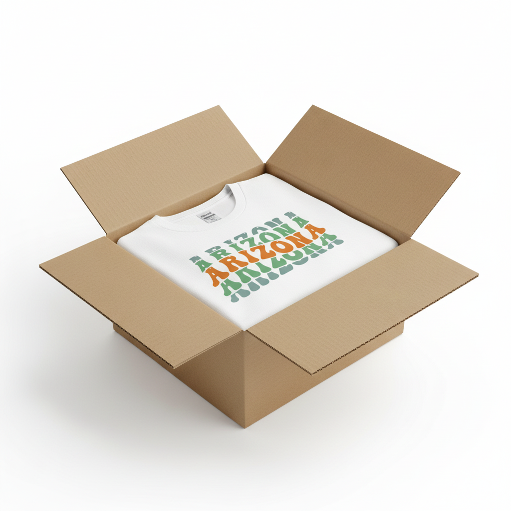 White t-shirt in shipping box with collar visible