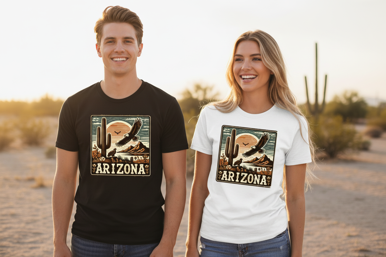 Male and female models wearing black and white t-shirts side by side