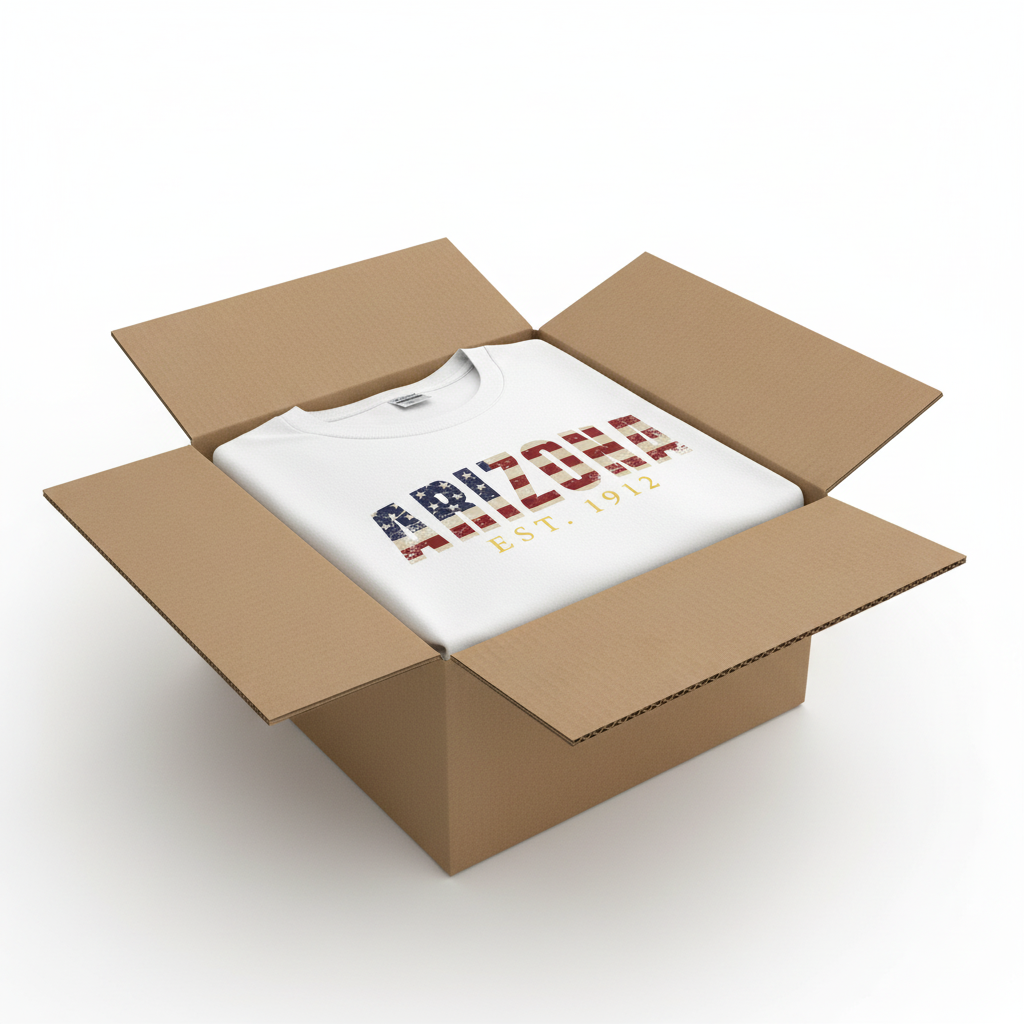 White t-shirt in shipping box with collar visible