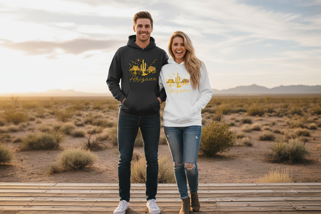 Male and female models wearing black and white hoodies side by side