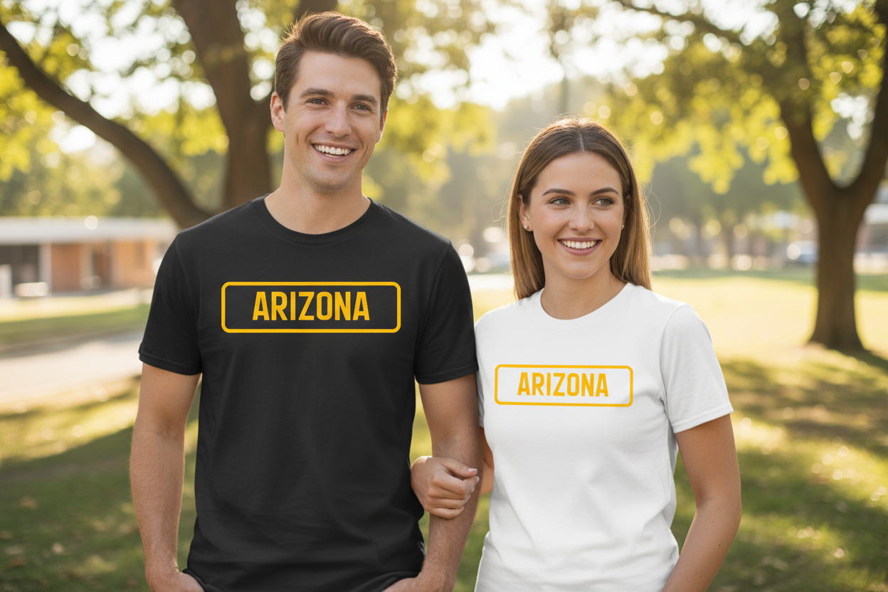 Male and female models wearing black and white t-shirts side by side
