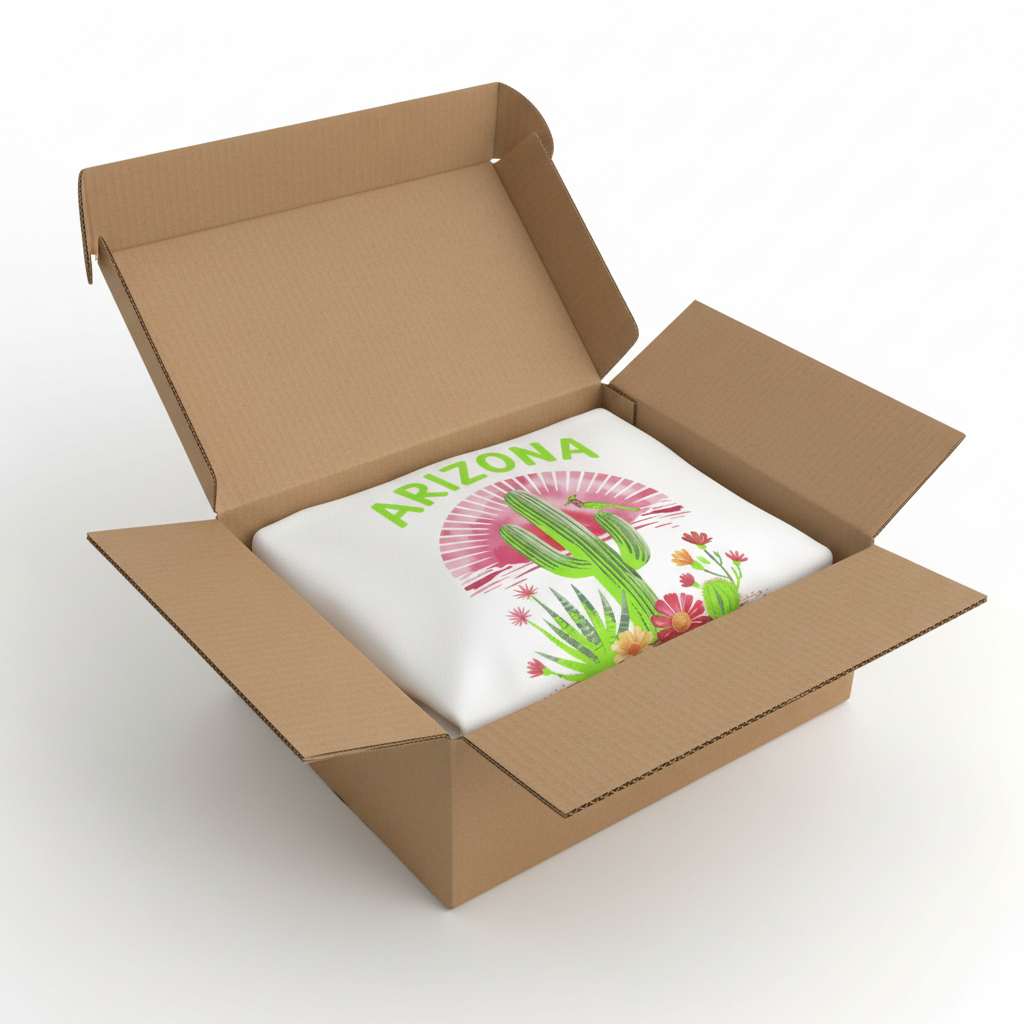 White t-shirt in shipping box with collar visible