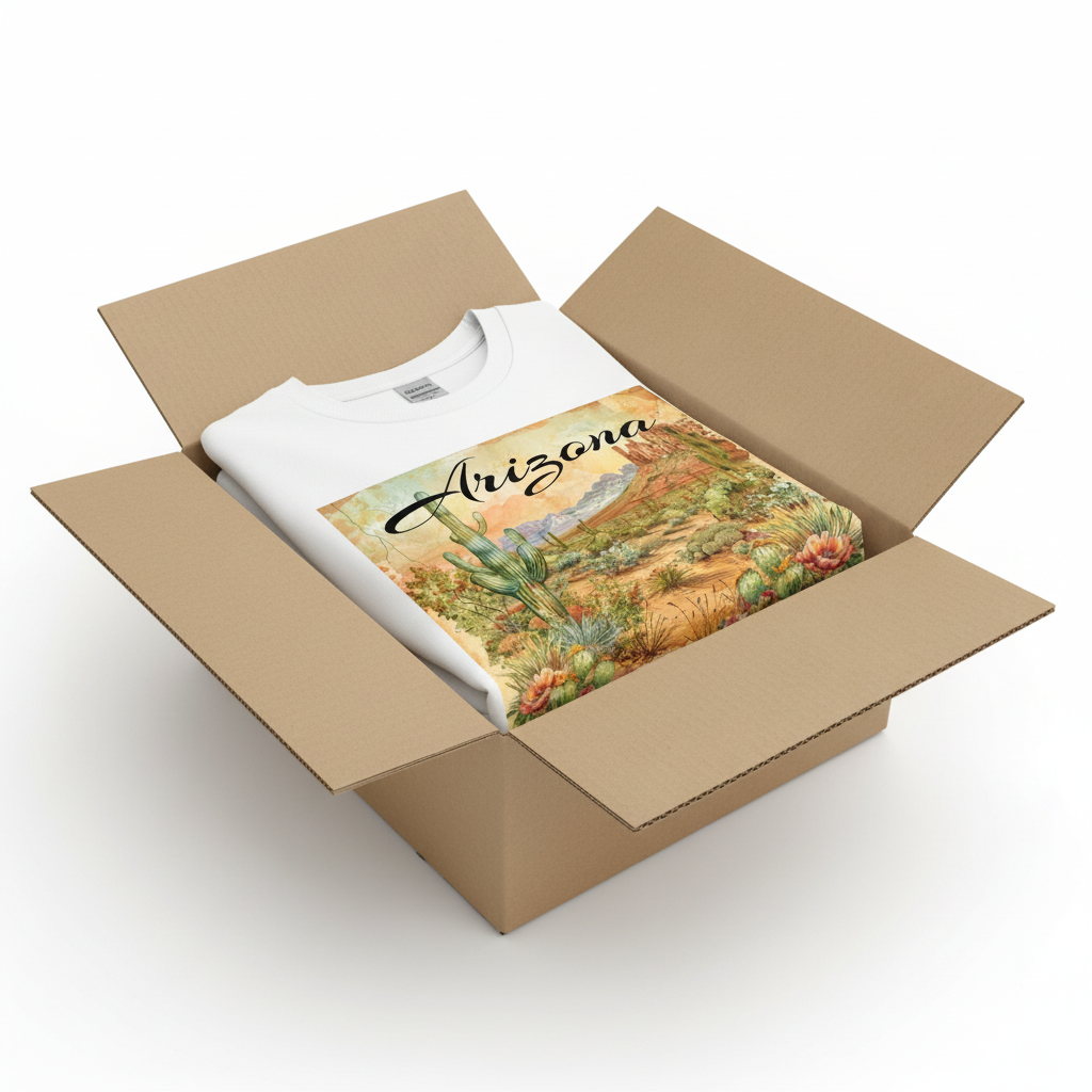 White t-shirt in shipping box with collar visible