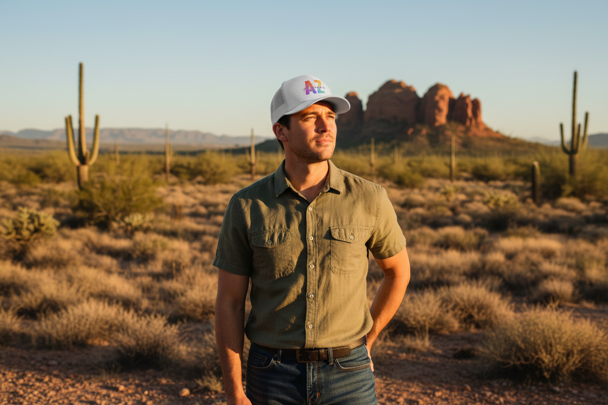 Man wearing white Richardson 112 trucker snapback hat - Arizona desert lifestyle