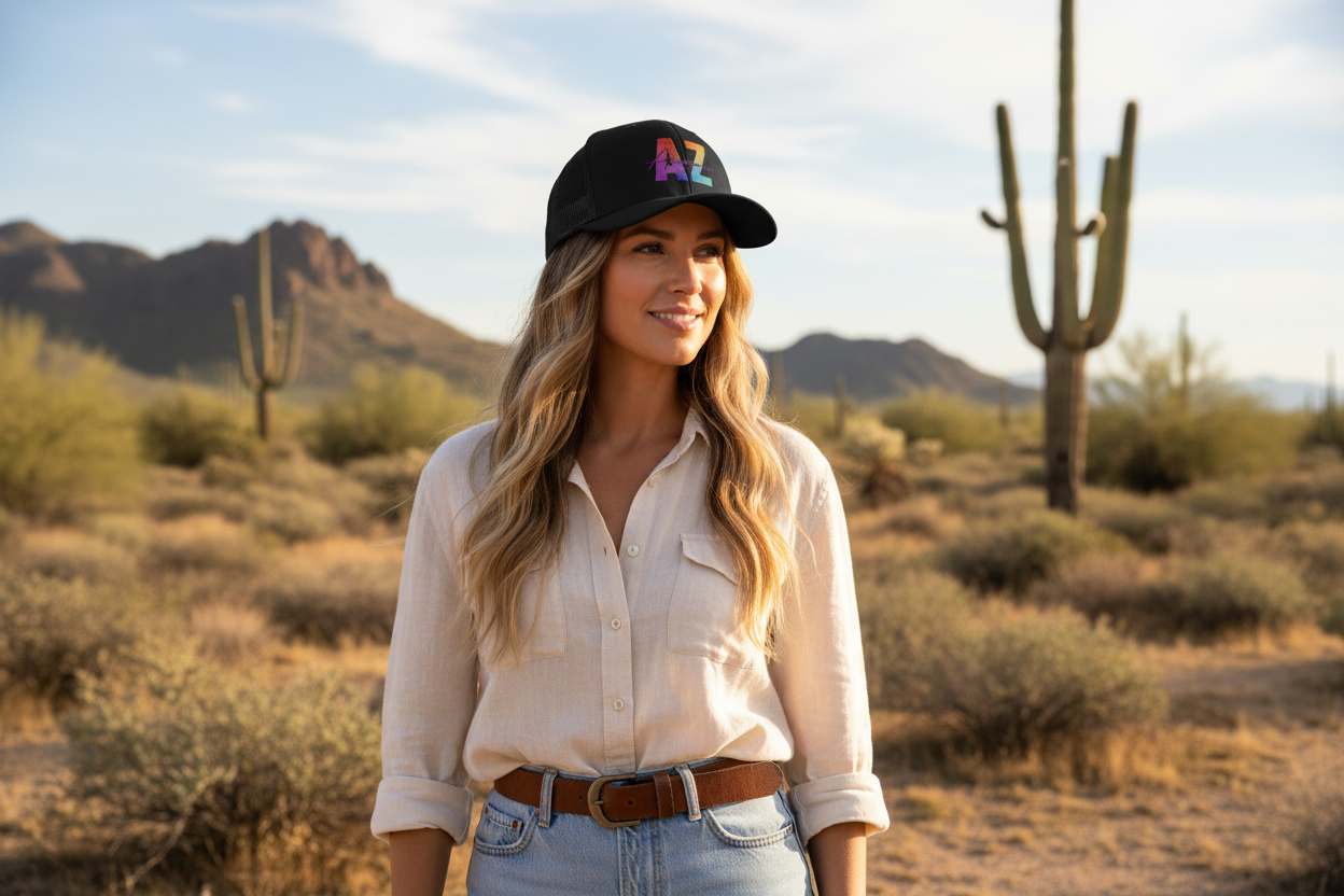 Woman wearing black Richardson 112 trucker snapback hat - Arizona desert lifestyle