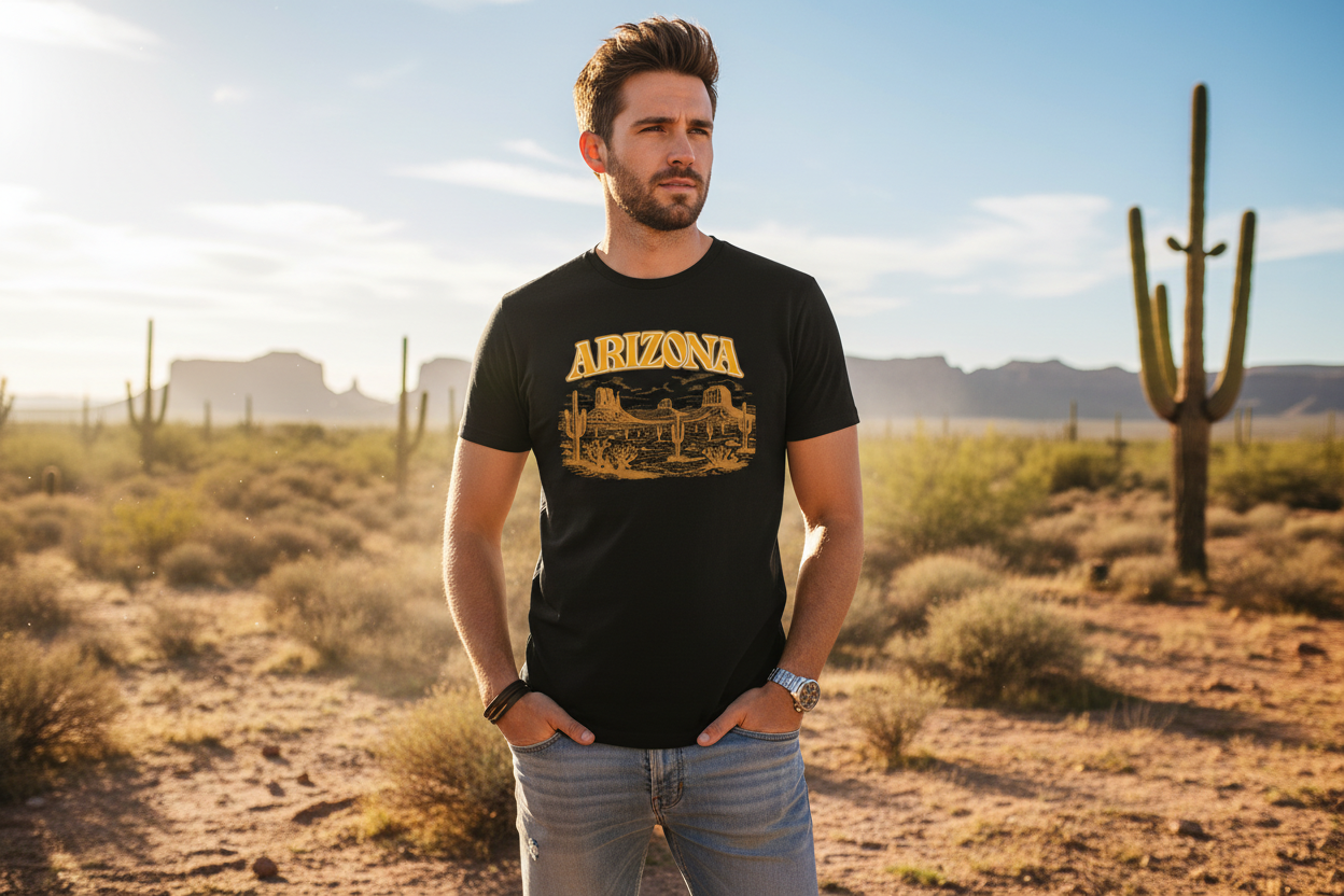 Man wearing black graphic t-shirt - Arizona desert lifestyle