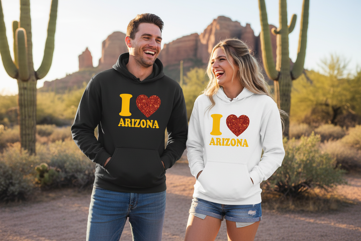 Male and female models wearing black and white hoodies side by side