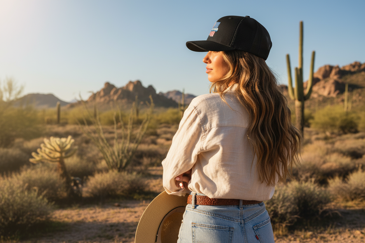 Woman wearing black Richardson 112 trucker snapback hat - Arizona desert lifestyle