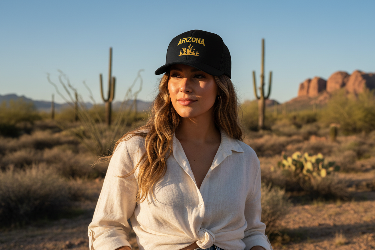 Woman wearing black Richardson 112 trucker snapback hat - Arizona desert lifestyle
