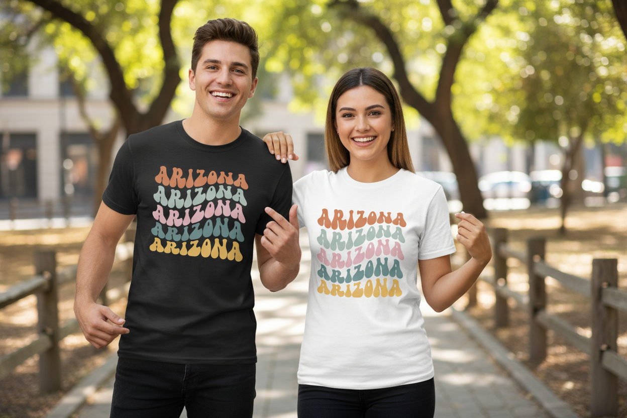 Male and female models wearing black and white t-shirts side by side
