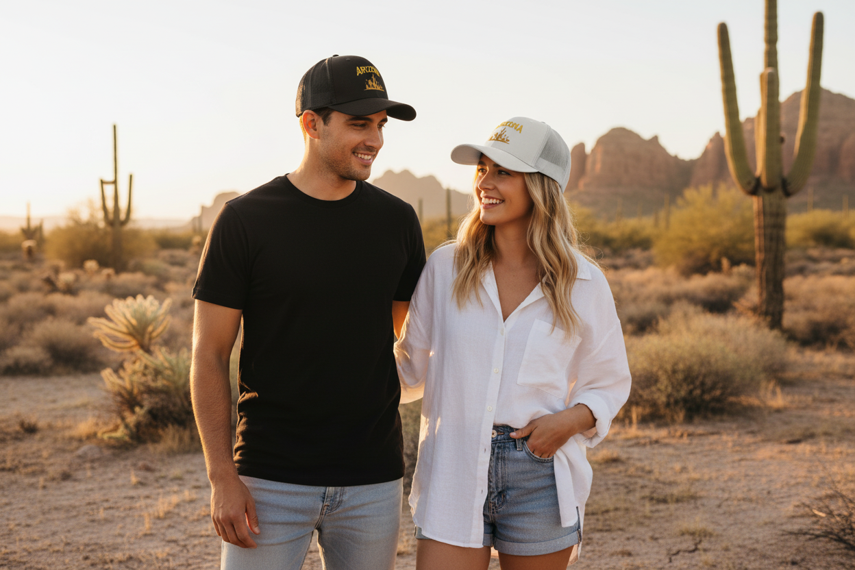 Man and woman wearing black and white Richardson 112 trucker snapback hats - Arizona desert lifestyle