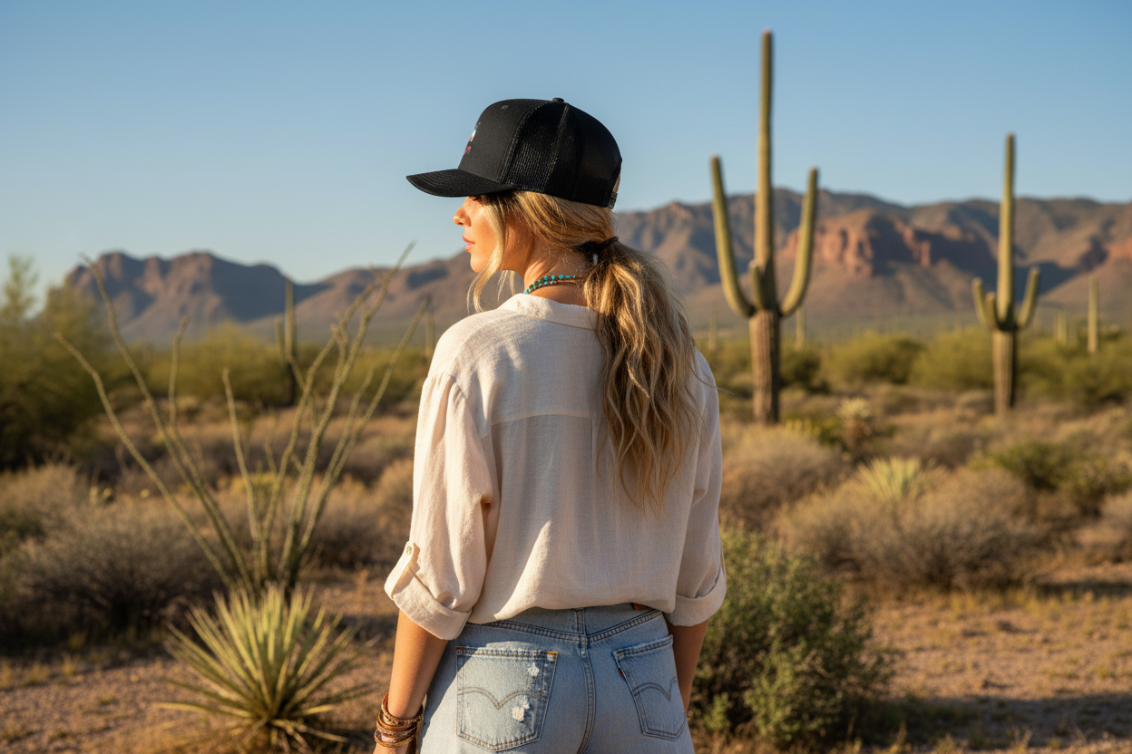 Woman wearing black Richardson 112 trucker snapback hat - Arizona desert lifestyle