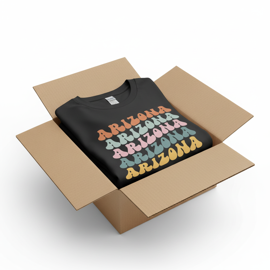 Black t-shirt in shipping box with collar visible